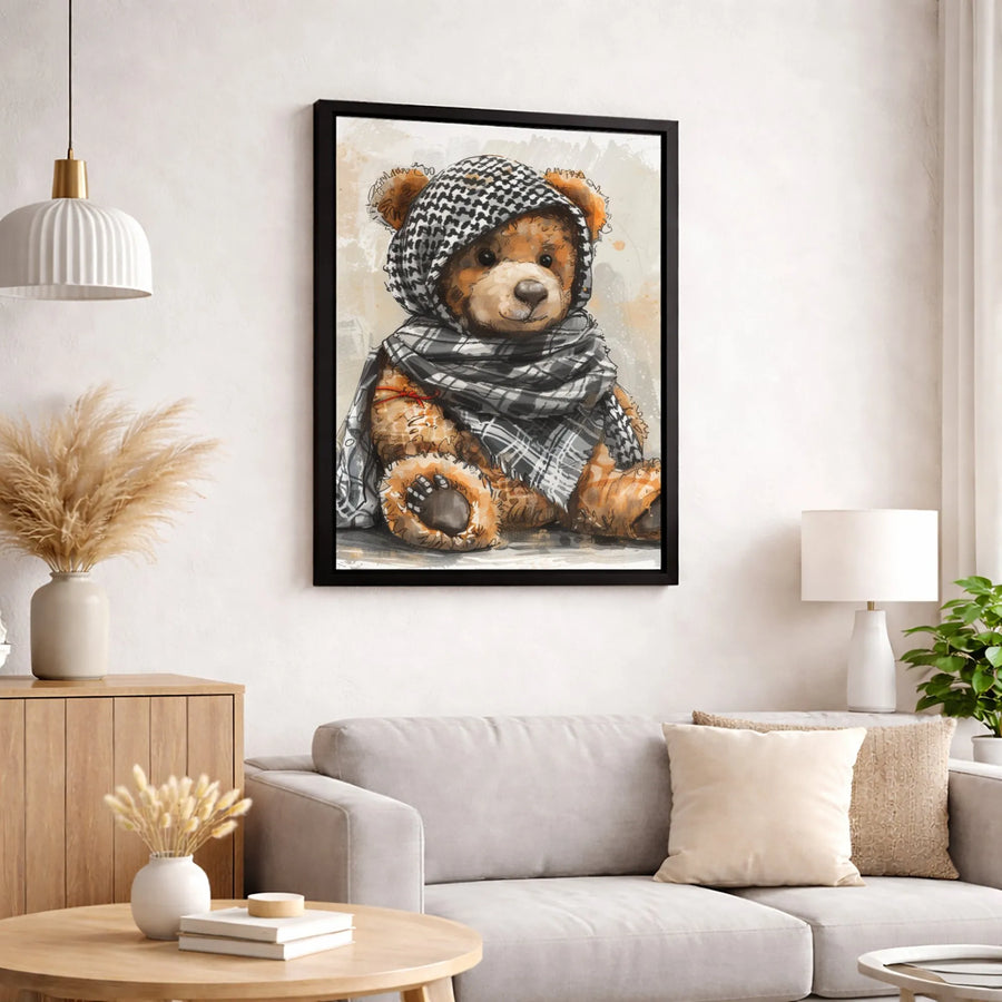 Teddy Bear Wall Art | Artistic Keffiyeh Scarf Illustration | Premium Canvas Print | Cultural Home Decor Gift for Nursery or Living Room