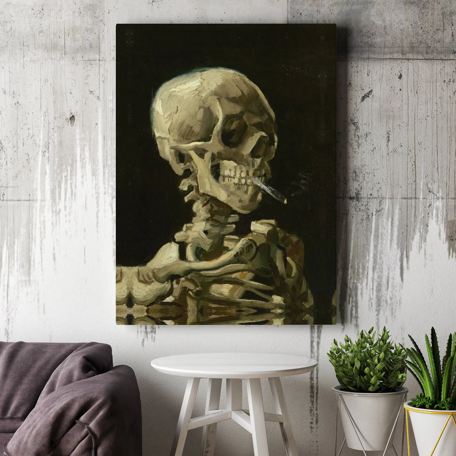 Skull with Burning Cigarette Canvas Print | Vincent Van Gogh Famous Art Reproduction | Premium Gallery Wrap Decor | Dark Academia Wall Art Gift