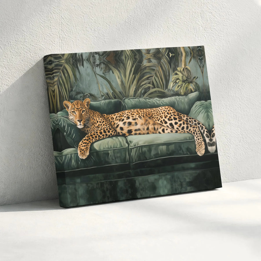 Leopard On Green Velvet Sofa Canvas Art | Tropical Jungle Animal Wall Decor | Premium Gallery Wrap Print | Luxurious Living Room Home Gift