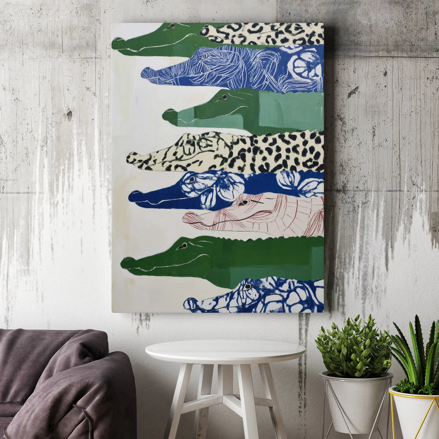Stacked Alligator Canvas Wall Art | Colorful Wildlife Patterned Collage | Gallery Wrapped Premium Decor | Modern Animal Lover Gift