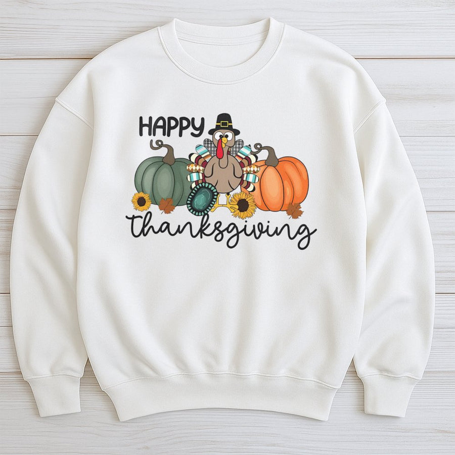 Happy Thanksgiving Sweatshirt | Cute Turkey Pumpkin Graphic Design | Soft Cotton Blend Fall Apparel | Cozy Holiday Gift for Women and Men
