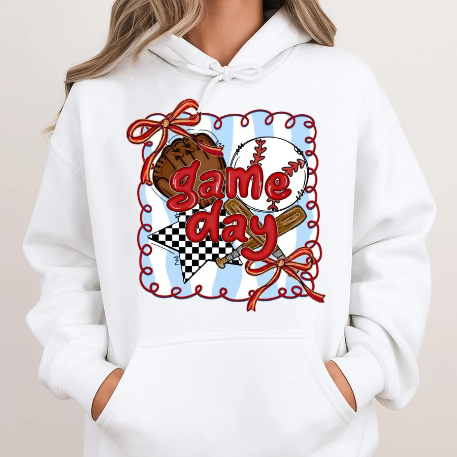 Game Day Baseball Hoodie | Coquette Bow Aesthetic Graphic | Premium Cotton Blend | Baseball Mom Gift for Women and Teens