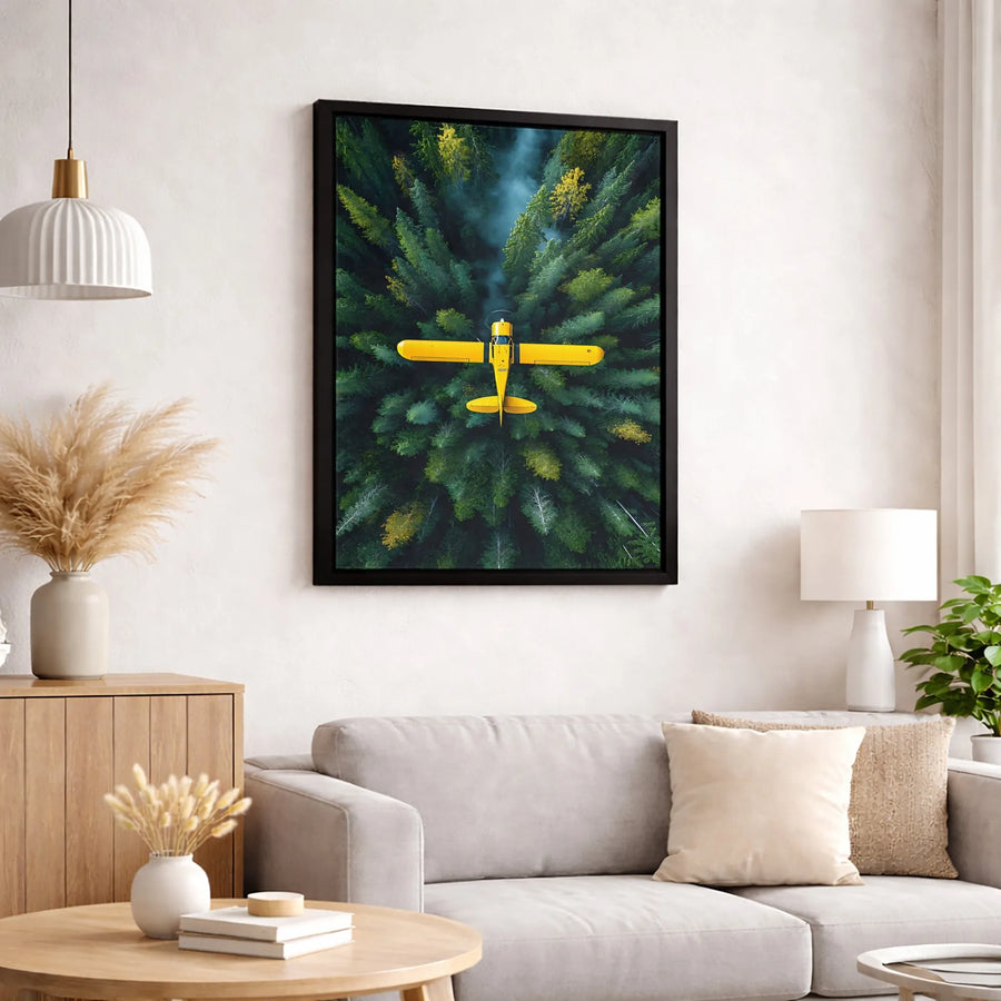 Yellow Airplane Wall Art | Aerial Forest Landscape Canvas Print | Premium Gallery Wrapped Decor | Aviation Gift for Pilots & Travel Lovers