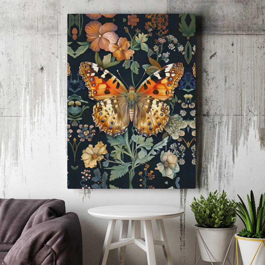 Butterfly Wall Art Canvas | Vintage Painted Lady Dark Floral Print | Gallery Wrapped Premium Decor | Nature Lover Living Room Gift