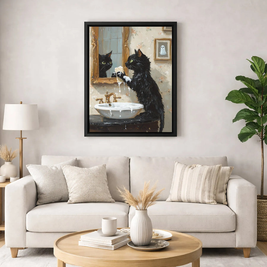 Black Cat Washing Face Canvas Print | Whimsical Bathroom Decor Art | Premium Fade-Resistant Gallery Wrap | Unique Gift for Cat Lovers