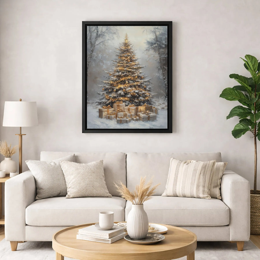 Christmas Tree Canvas Wall Art | Snowy Winter Forest Landscape with Gold Gift Boxes | Premium Gallery-Wrapped Print | Festive Holiday Home Decor