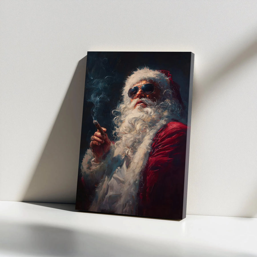 Cool Santa Claus Canvas Wall Art | Smoking Cigar with Sunglasses | Premium Gallery Wrap Decor | Unique Christmas Gift for Him