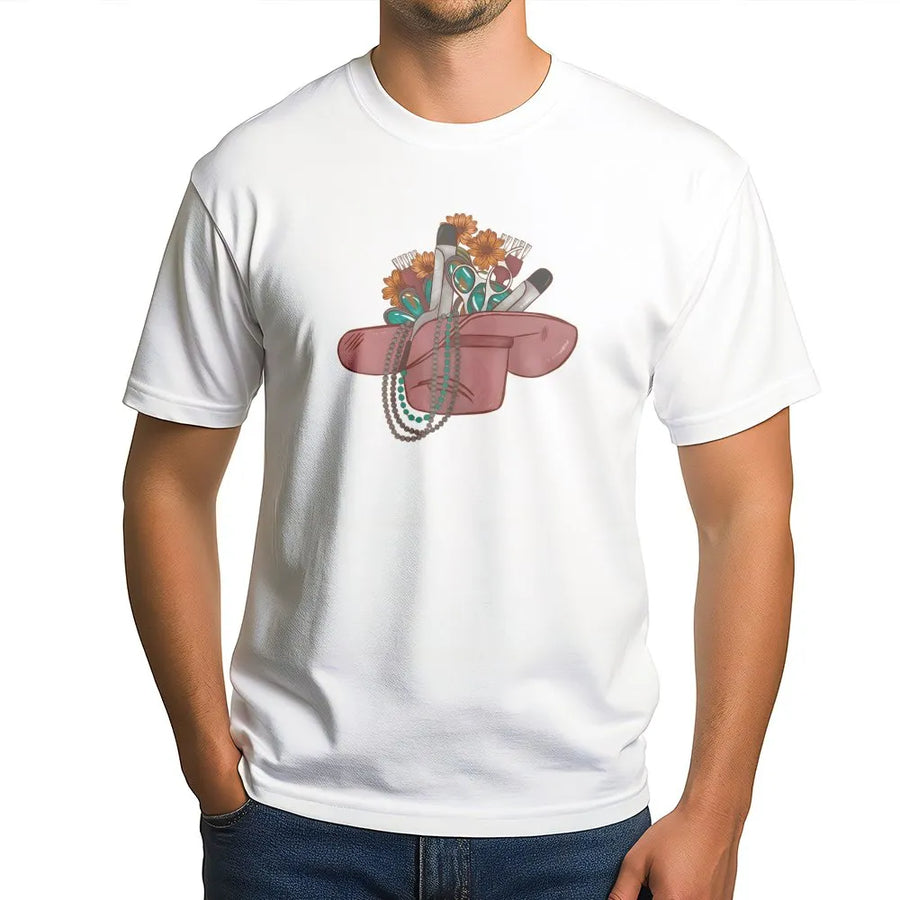 Hairstylist T-Shirt | Western Cowboy Hat Hair Tools Design | Premium Soft Cotton Graphic Tee | Gift for Cosmetologist and Hairdresser