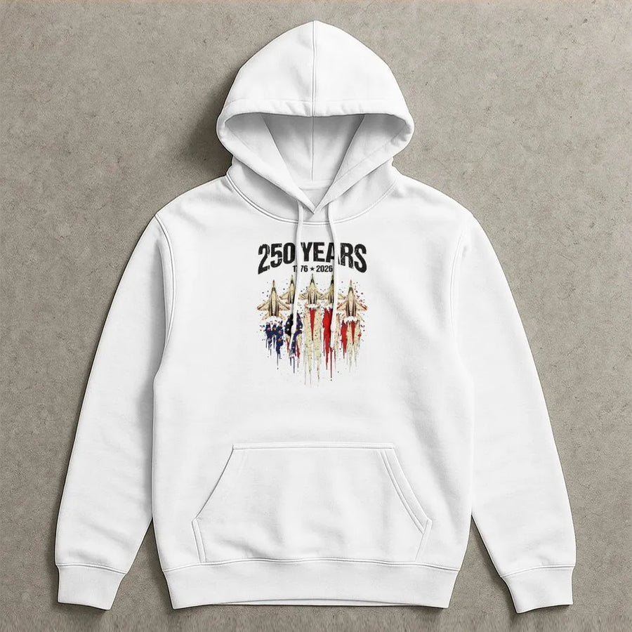 America 250 Years Hoodie | Vintage Fighter Jet American Flag Graphic | Premium Cotton | Collector's 4th of July Gift for Patriots