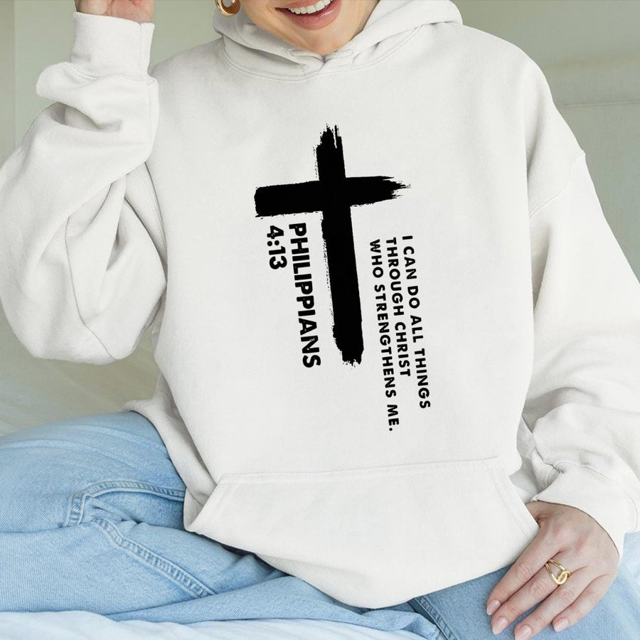 Philippians 4:13 Hoodie | I Can Do All Things Through Christ Cross Graphic | Premium Cotton Blend | Inspirational Christian Gift for Believers
