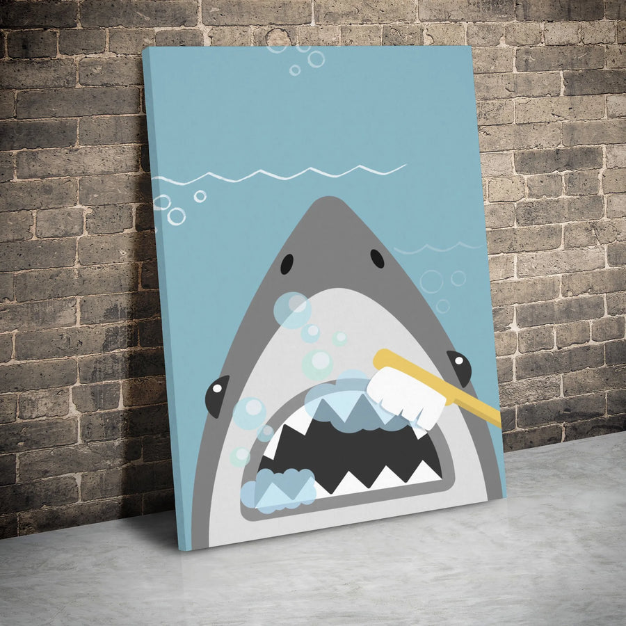 Cute Shark Brushing Teeth Canvas Art | Funny Bathroom Wall Decor | Premium Stretched Gallery Wrap | Kids Nursery or Bathroom Gift