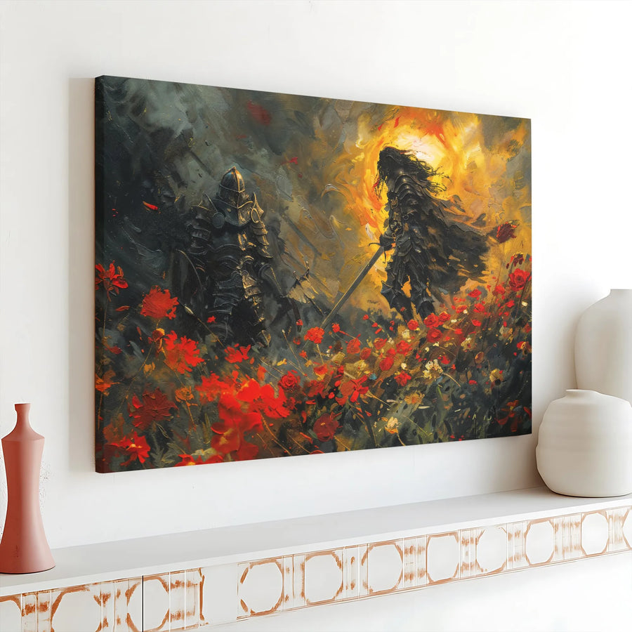 Fantasy Knight Canvas Wall Art | Impressionistic Medieval Duel Painting | Premium Gallery Wrapped Decor | Gift for Fantasy Lovers
