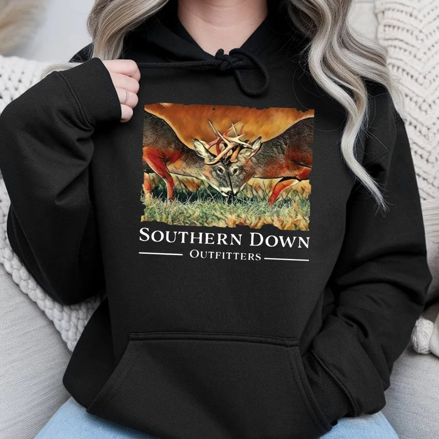 Deer Hunting Hoodie | Fighting Bucks Wildlife Graphic | Premium Cotton Blend Sweatshirt | Gift for Hunters and Outdoorsmen