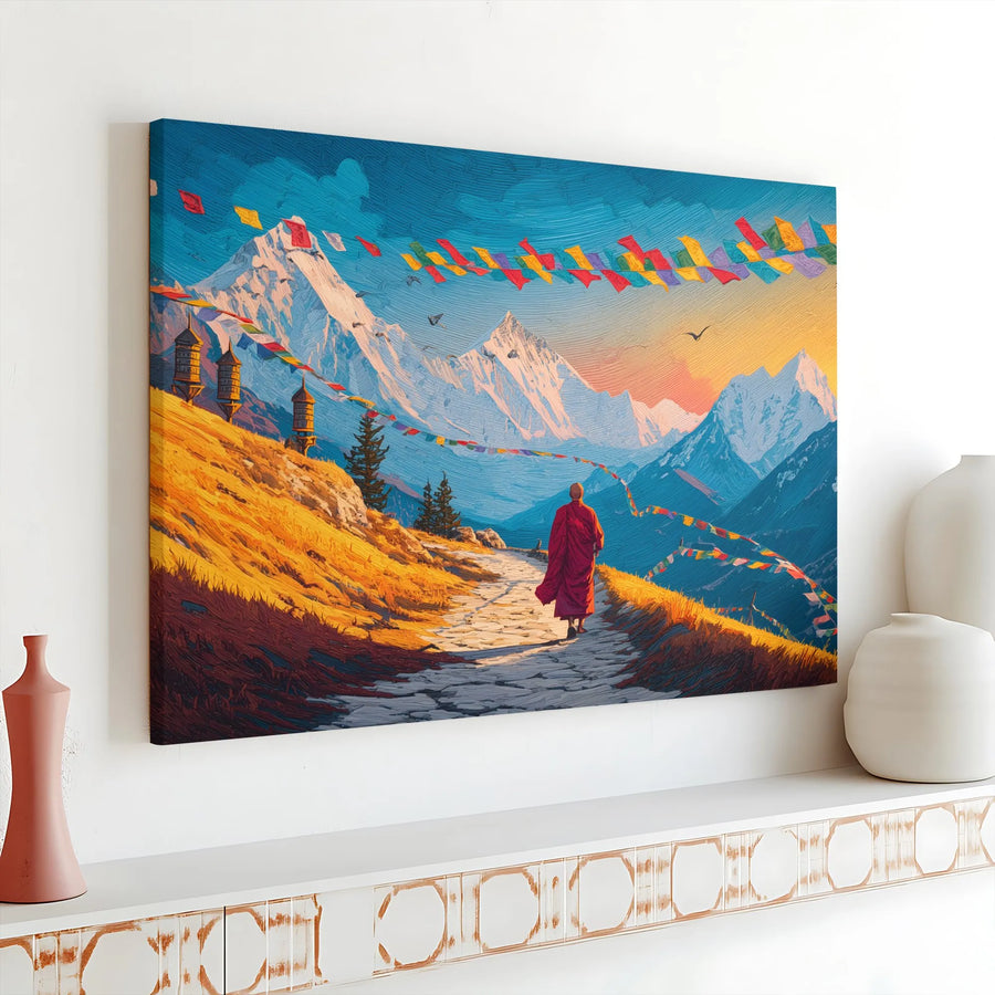 Tibetan Monk Canvas Print | Himalayan Mountain Path with Prayer Flags | Premium Gallery Canvas | Spiritual Home Decor Gift