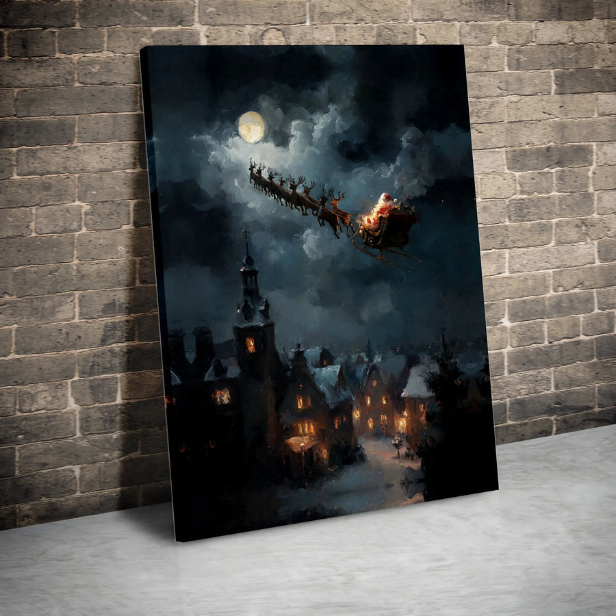 Santa Sleigh Canvas Print | Snowy Christmas Village Night Scene | Premium Fade-Resistant Wall Art | Holiday Home Decor Gift