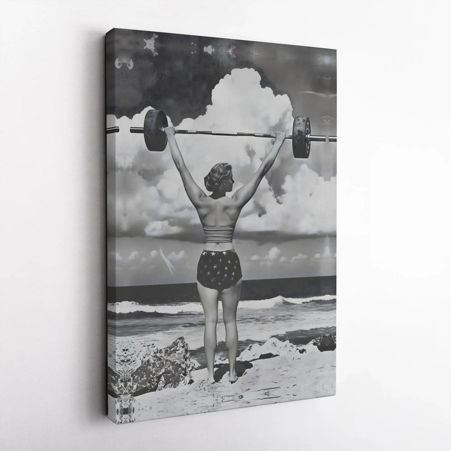 Vintage Weightlifting Woman Canvas | Black and White Beach Fitness Wall Art | Gallery Wrapped Premium Decor | Gym Motivation Gift for Her