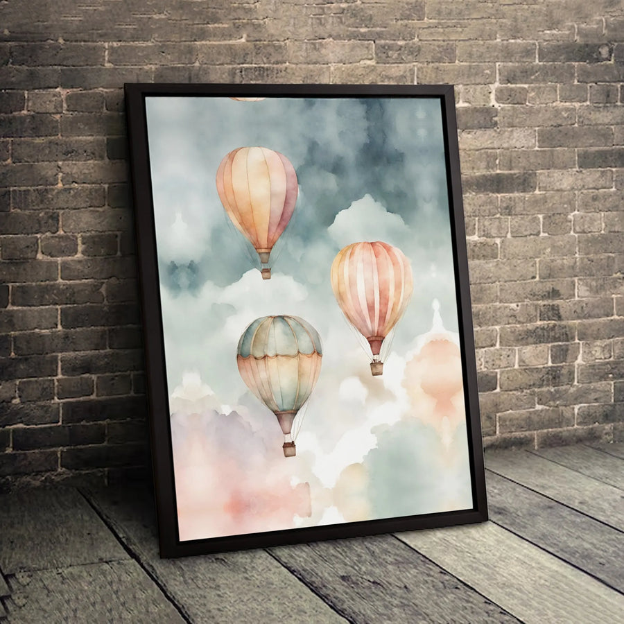 Watercolor Hot Air Balloon Canvas Wall Art | Dreamy Sky Nursery Decor | Premium Gallery Wrap Print | Whimsical Gift For Kids And Travel Lovers