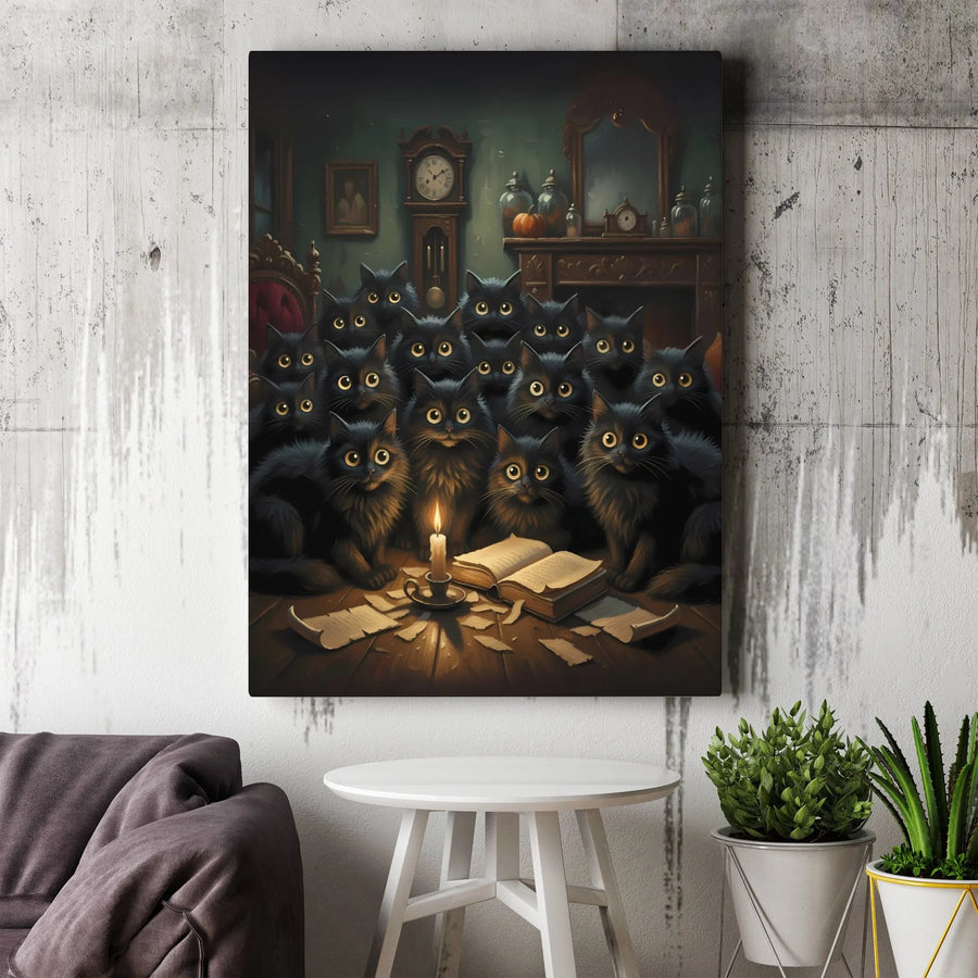 Black Cat Coven Canvas Print | Whimsical Witchy Gothic Art | Premium Gallery Wrapped Wall Decor | Spooky Halloween Gift for Cat Lovers