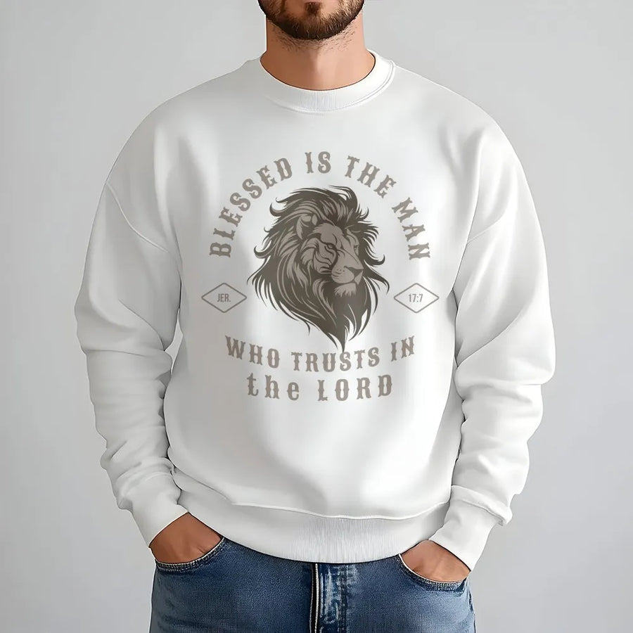 Blessed Is The Man Scripture Sweatshirt | Lion Of Judah Religious Graphic | Premium Cotton Blend Unisex Crewneck | Faith Based Gift For Men