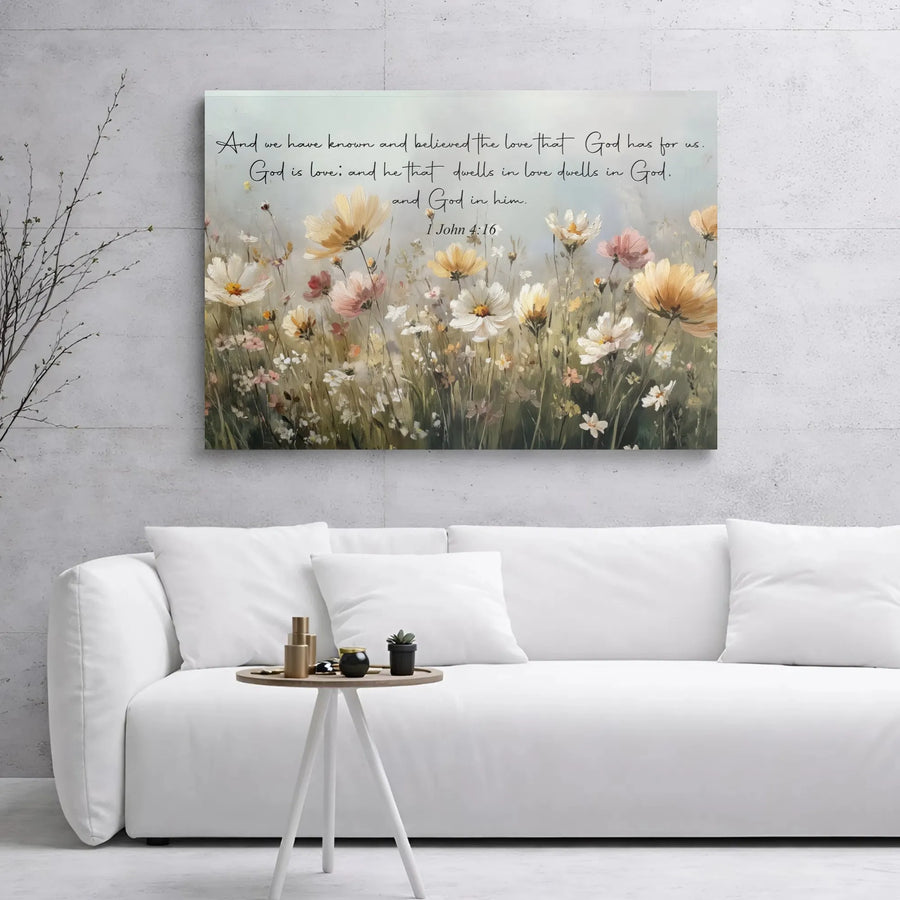 1 John 4:16 Wildflower Wall Art | God Is Love Bible Verse Print | Premium Gallery Wrap Canvas | Christian Home Decor & Religious Gift