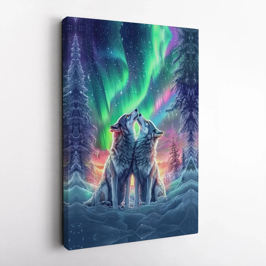 Two Wolves Canvas Print | Northern Lights Aurora Borealis Wall Art | Gallery-Quality 1.25-Inch Profile | Nature Wildlife Decor for Home Office