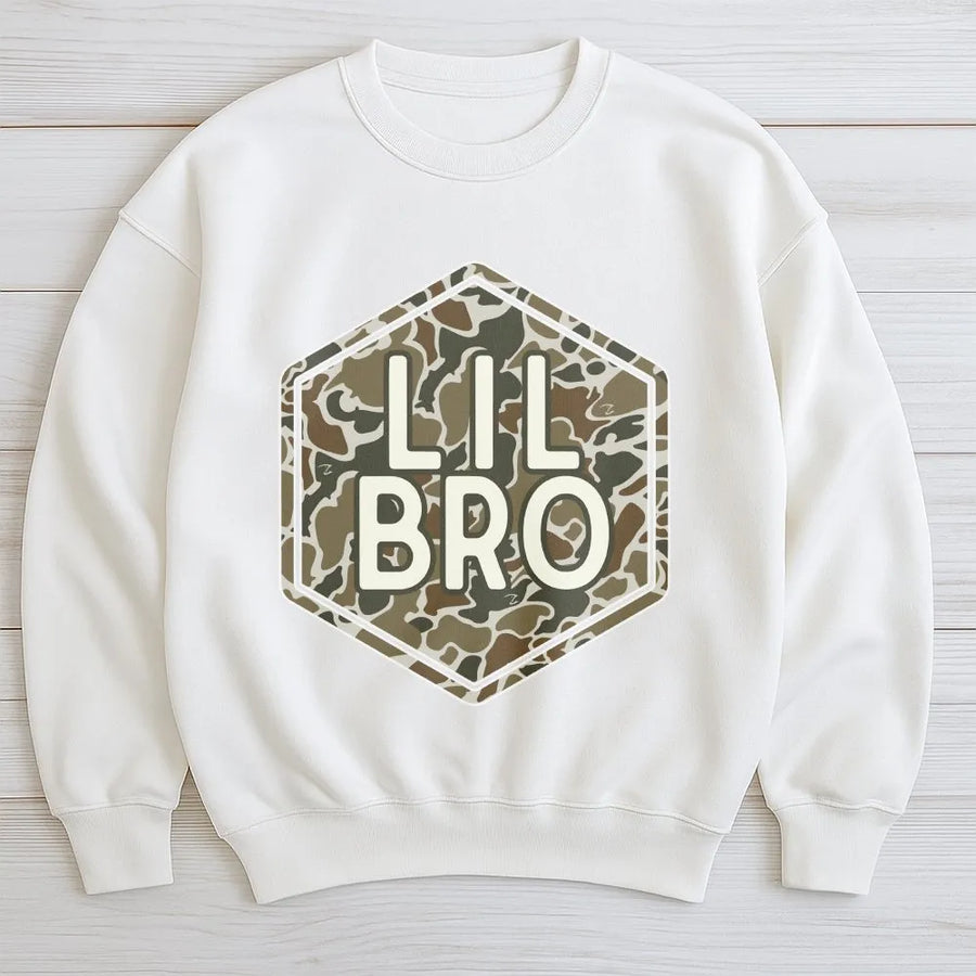 Lil Bro Camo Sweatshirt | Hexagon Graphic Sweatshirt | Premium Cotton Blend | Matching Sibling Gift for Little Brother