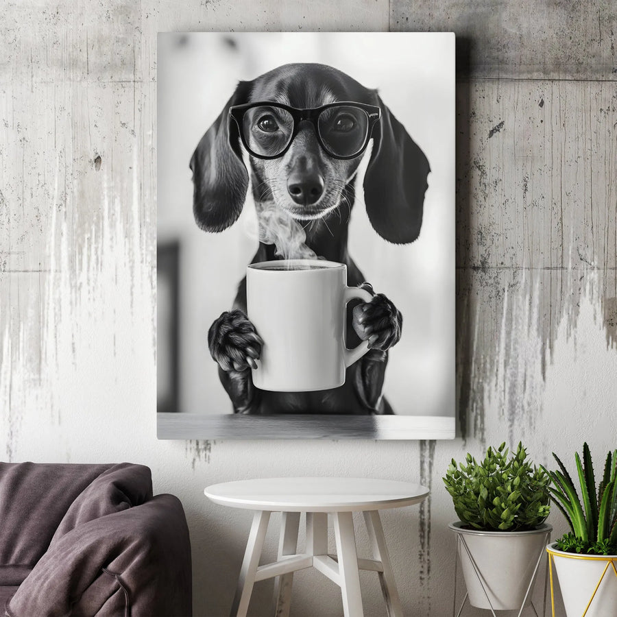 Dachshund Coffee Lover Wall Art | Black and White Dog with Glasses Print | Premium Gallery Wrap Canvas | Unique Gift for Dog Owners
