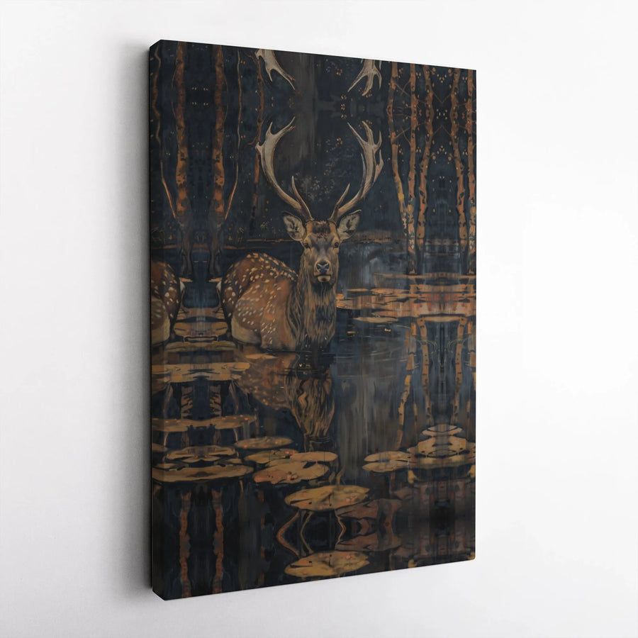 Stag Deer Wall Art Canvas | Moody Forest Pond Reflection Print | Gallery-Quality Premium Decor | Nature Lover Living Room Gift