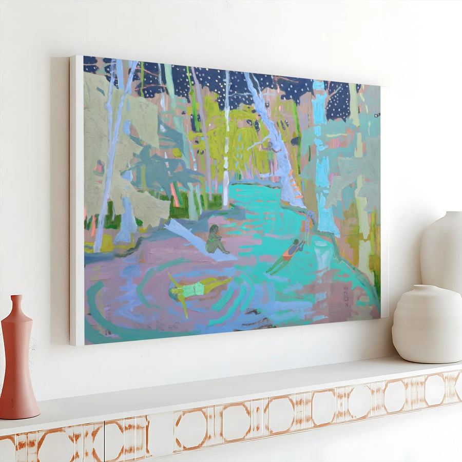 Abstract Night Swim Canvas Print | Expressionist Forest Pool Painting | Premium Gallery Wrapped Canvas | Modern Living Room Wall Decor