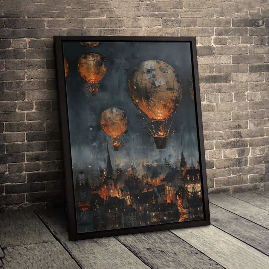 Steampunk Hot Air Balloon Canvas Wall Art | Glowing Victorian Cityscape Print | Premium 1.25" Gallery Wrap | Industrial Home Decor Gift