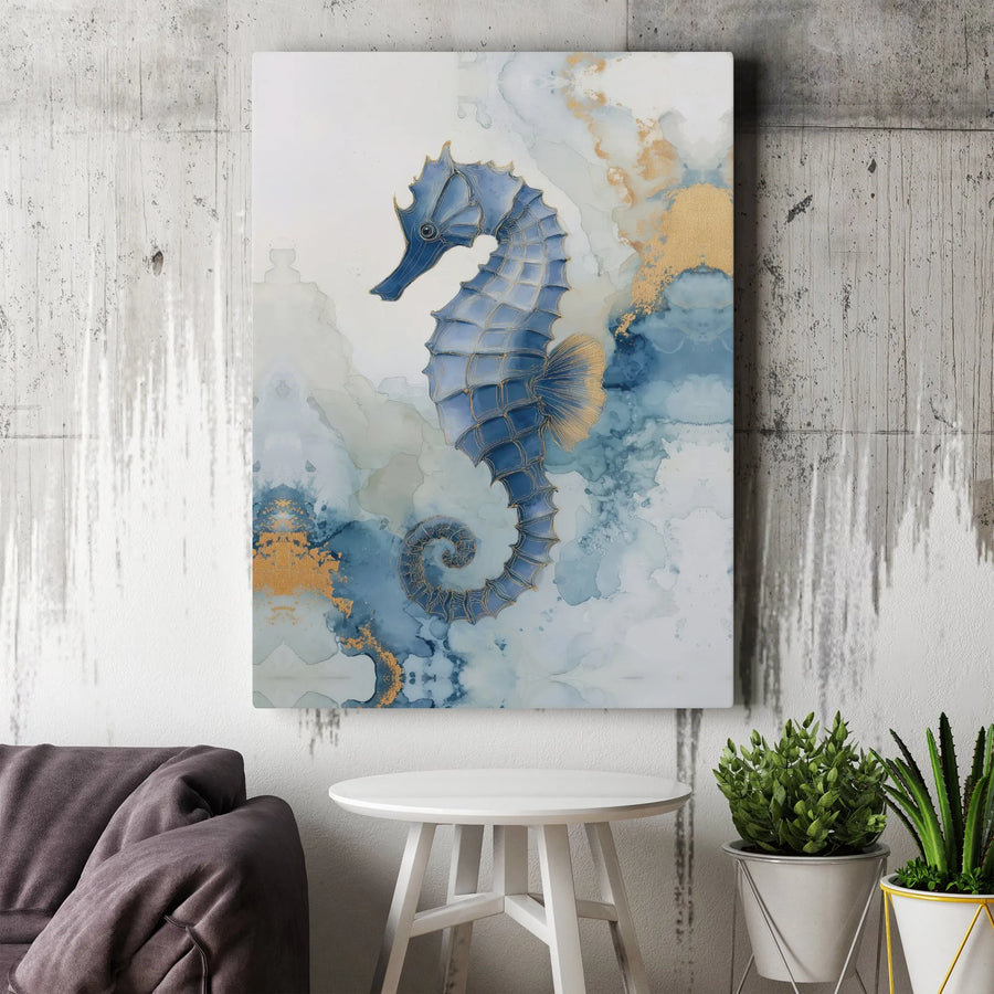 Seahorse Canvas Wall Art | Abstract Watercolor with Gold Detail | Premium Fade-Resistant Print | Coastal Home Decor Gift