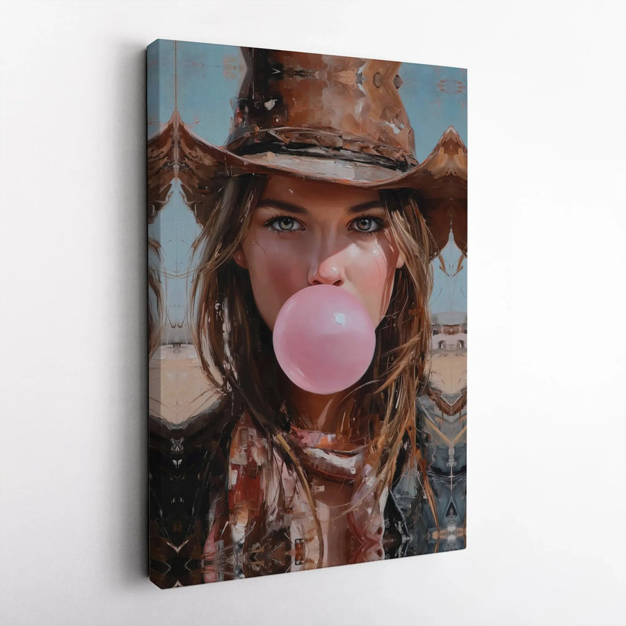 Cowgirl Canvas Wall Art | Bubblegum Cowgirl Portrait | Premium Textured Canvas | Modern Western Home Decor Gift