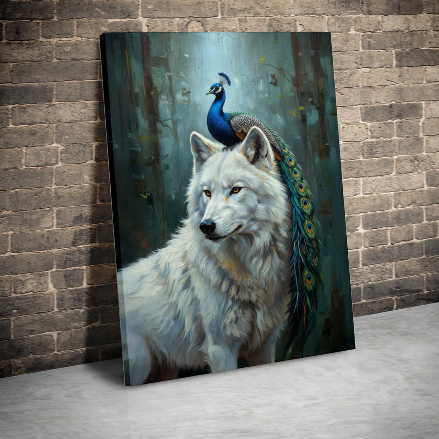 White Wolf and Peacock Wall Art | Surreal Wildlife Oil Painting Style | Premium Gallery-Wrap Canvas | Unique Animal Home Decor Gift