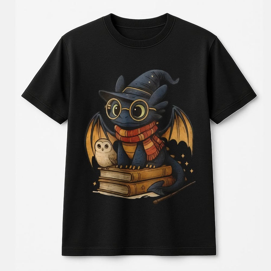 Wizard Dragon T-Shirt | Cute Fantasy Creature Reading Books Graphic | Premium 100% Cotton Tee | Magical Bookworm Gift for Readers