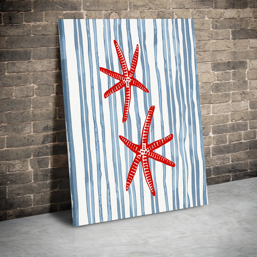 Red Starfish Canvas Wall Art | Coastal Striped Beach Decor | Gallery Wrapped Premium Print | Nautical Home Gift For Beach House