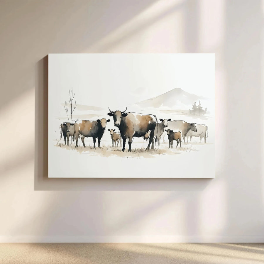 Farmhouse Cattle Canvas Print | Watercolor Cow Painting with Calves | Premium Gallery Wrapped Canvas | Rustic Country Home Decor Gift
