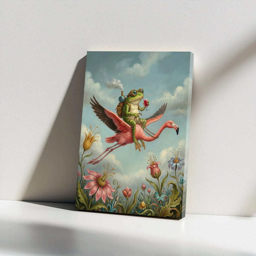 Steampunk Frog Riding Flamingo Canvas Print | Surreal Fantasy Painting | Premium Gallery Wrapped Canvas | Quirky Home Decor Gift
