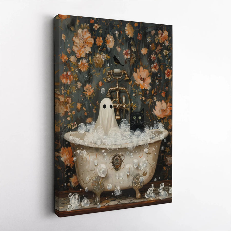 Ghost and Black Cat Canvas Art | Whimsical Bathtub Floral Print | Premium 1.25" Gallery Wrap | Spooky Gothic Home Decor Gift