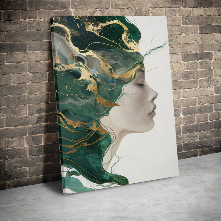 Abstract Woman Portrait Vertical Canvas | Modern Emerald Green Art with Gold Veins | Premium Gallery-Style Canvas Print | Luxury Living Room Wall Decor Gift
