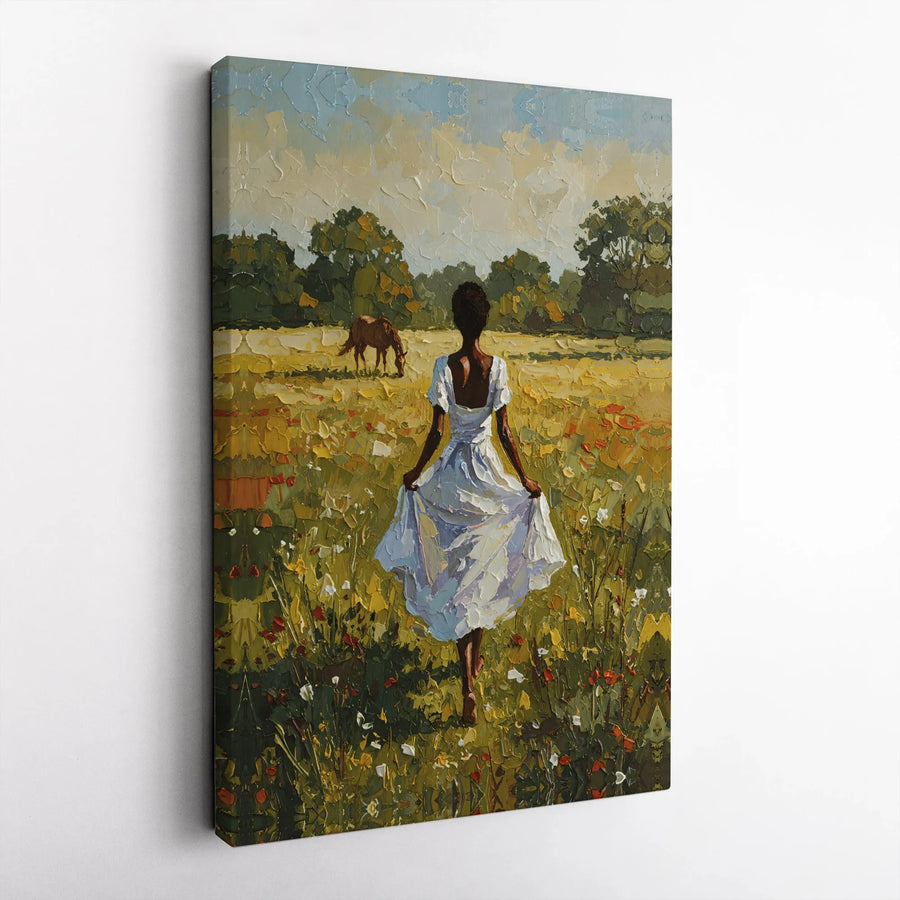 Black Woman in Field Canvas Art | Impressionist Painting Print | Thick Gallery Wrap Wall Decor | Rustic Farmhouse Living Room Gift