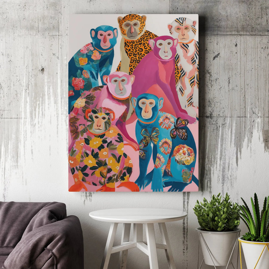 Colorful Monkey Canvas Art | Maximalist Jungle Animal Portrait | Premium Fade-Resistant Print | Eclectic Living Room Decor Gift