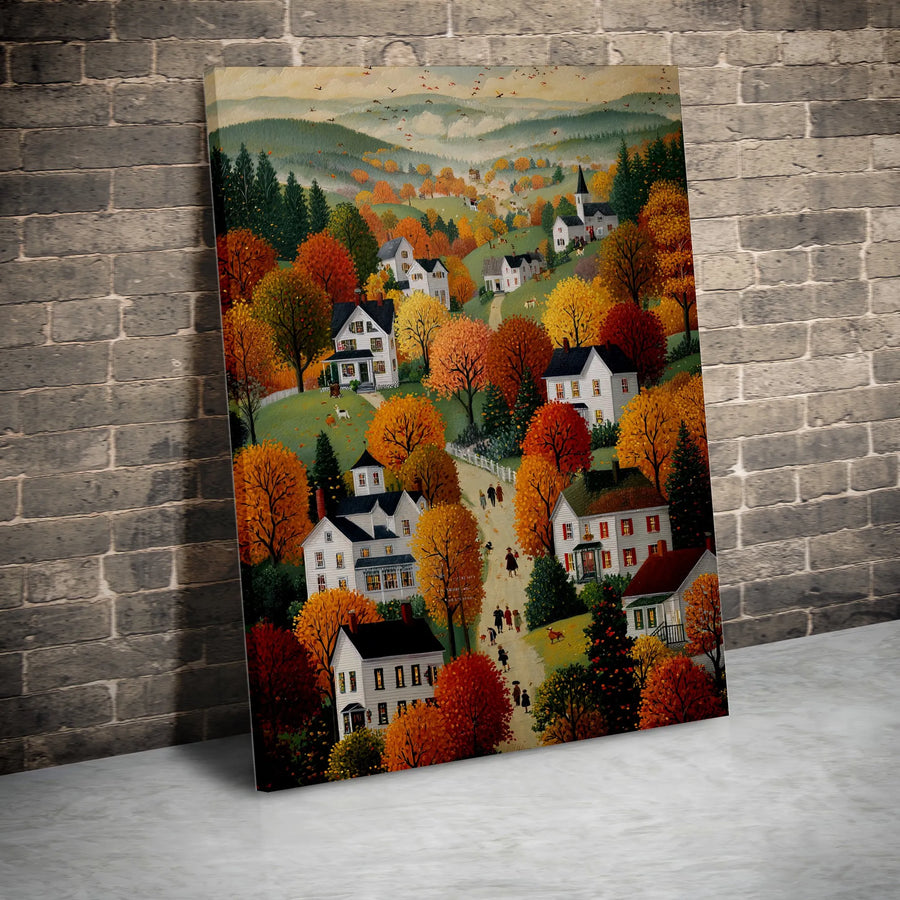 Folk Art Autumn Village Canvas Print | Colorful New England Landscape | 1.25-Inch Premium Gallery Profile | Seasonal Fall Wall Art Gift