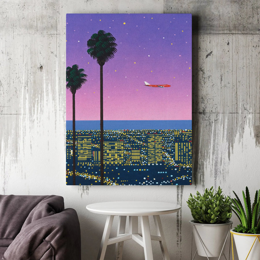 Pixel Art Los Angeles Canvas Print | Retro Night Cityscape with Palm Trees | 1.25-Inch Premium Gallery Wrap | Modern Home Office Decor Gift