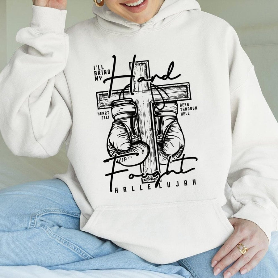Hard Fought Hallelujah Hoodie | Christian Boxing Cross Graphic | Premium Cotton Blend | Faith-Based Inspirational Gift For Him Or Her