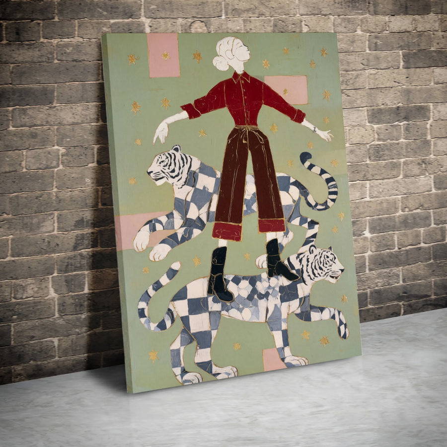 Surreal Tiger Tamer Canvas Art | Vintage Checkerboard Tiger Print | Premium 1.25" Thick Canvas | Unique Eclectic Wall Decor Gift for Women
