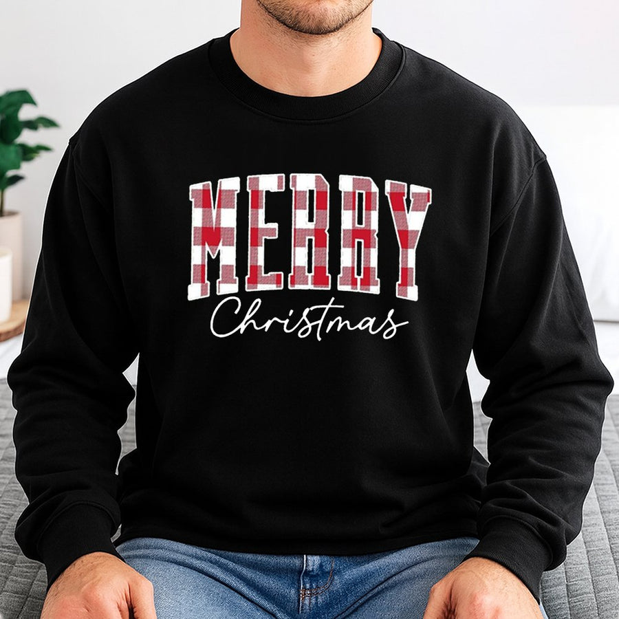 Merry Christmas Sweatshirt | Red Plaid Buffalo Check Design | Cotton-Poly Premium Blend | Holiday Gift For Men And Women