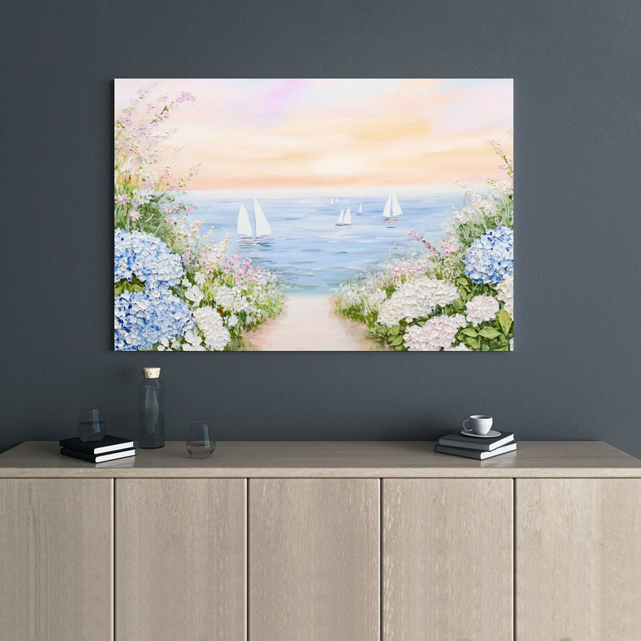 Coastal Seascape Canvas Art | Sailboats and Hydrangea Flowers | 1.25-Inch Gallery Wrap | Premium Beach House Wall Decor Gift