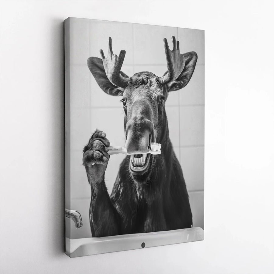 Moose Brushing Teeth Canvas Art | Funny Bathroom Wall Decor | Premium Stretched Gallery Wrap | Quirky Animal Portrait for Home Gift