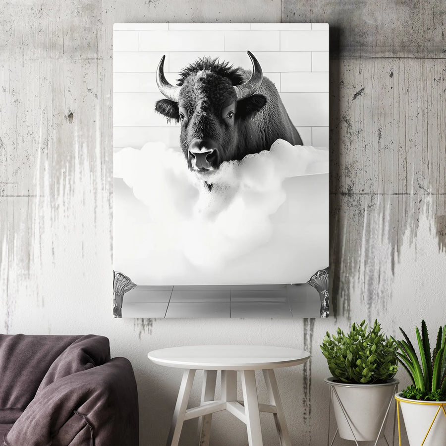 Funny Bison in Bathtub Canvas Wall Art | Whimsical Black and White Animal Art | Premium Gallery Wrapped Canvas | Unique Bathroom Decor Gift