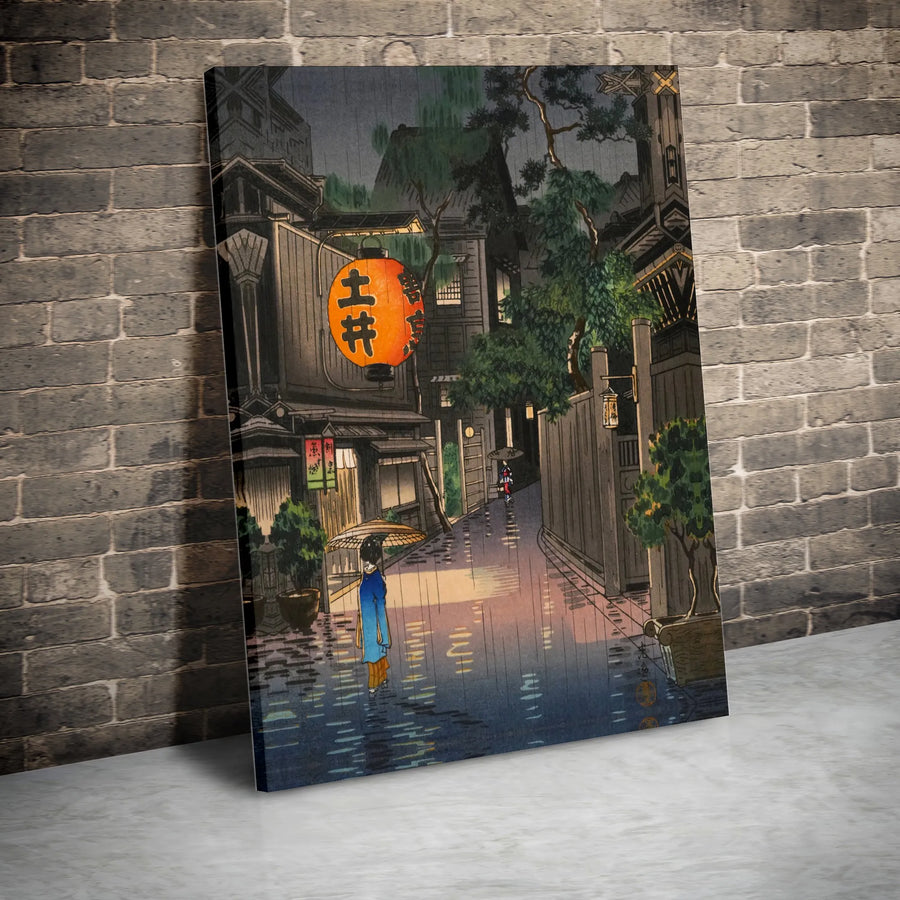 Japanese Woodblock Wall Art | Rainy Night Street Scene Canvas Print | Premium Gallery Wrap Decor | Gift for Art Lovers